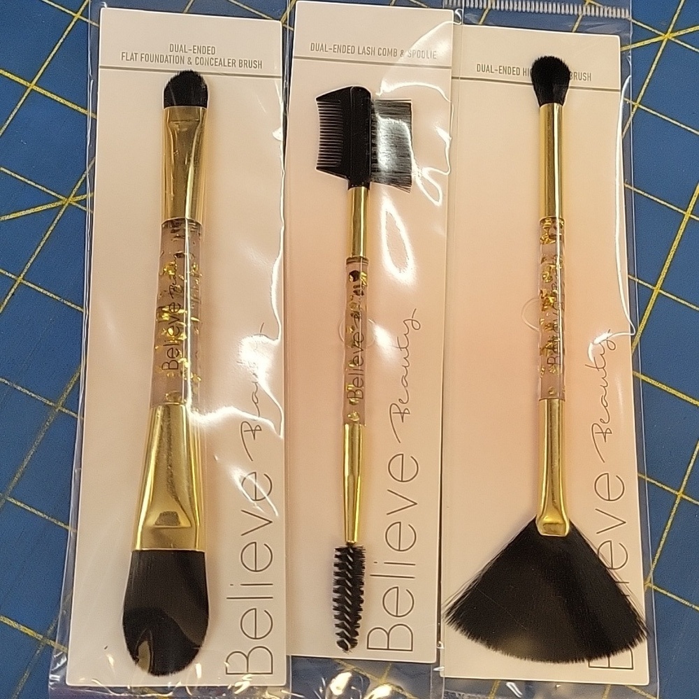 Believe Beauty Makeup Double Ended Clear Gold Brush Set of 3 New In Package